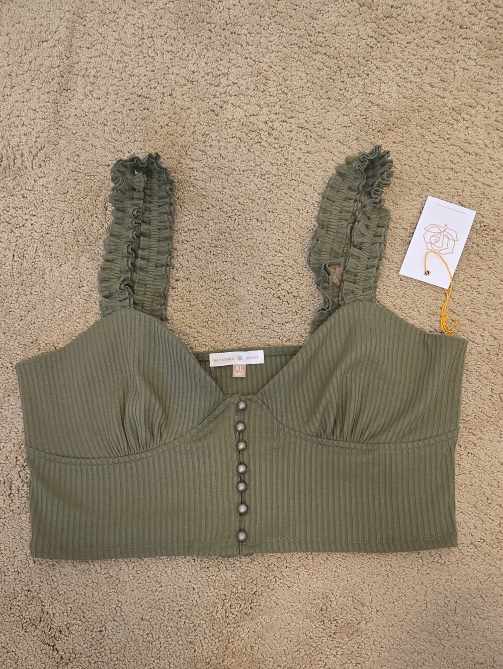 Ribbed Ruffle-Strap Cropped Tank Top - Olive